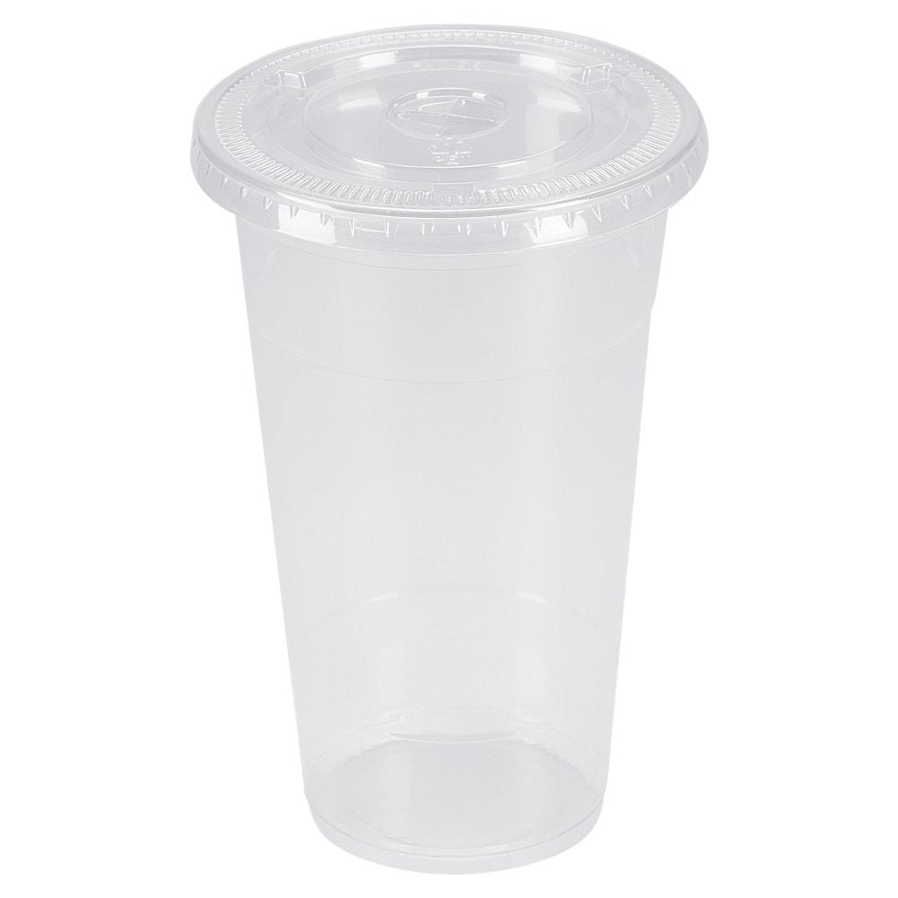 Belinlen 100 Sets 24 oz. Plastic Crystal Clear Cups with Flat Lids for Cold Drinks, Iced Coffee, Bubble Boba, Tea, Smoothie etc. (Coming with Extra 20 lids as Bonus)
