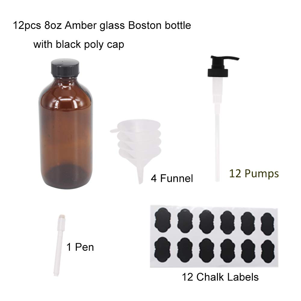BPFY 12 Pack 8 oz Amber Glass Bottles with Pumps for Essential Oils, Cleaning Products, Lotions, Aromatherapy Oil, Pump Bottles, Refillable Containers With Cap, 12 Chalk Labels, 1 Pen