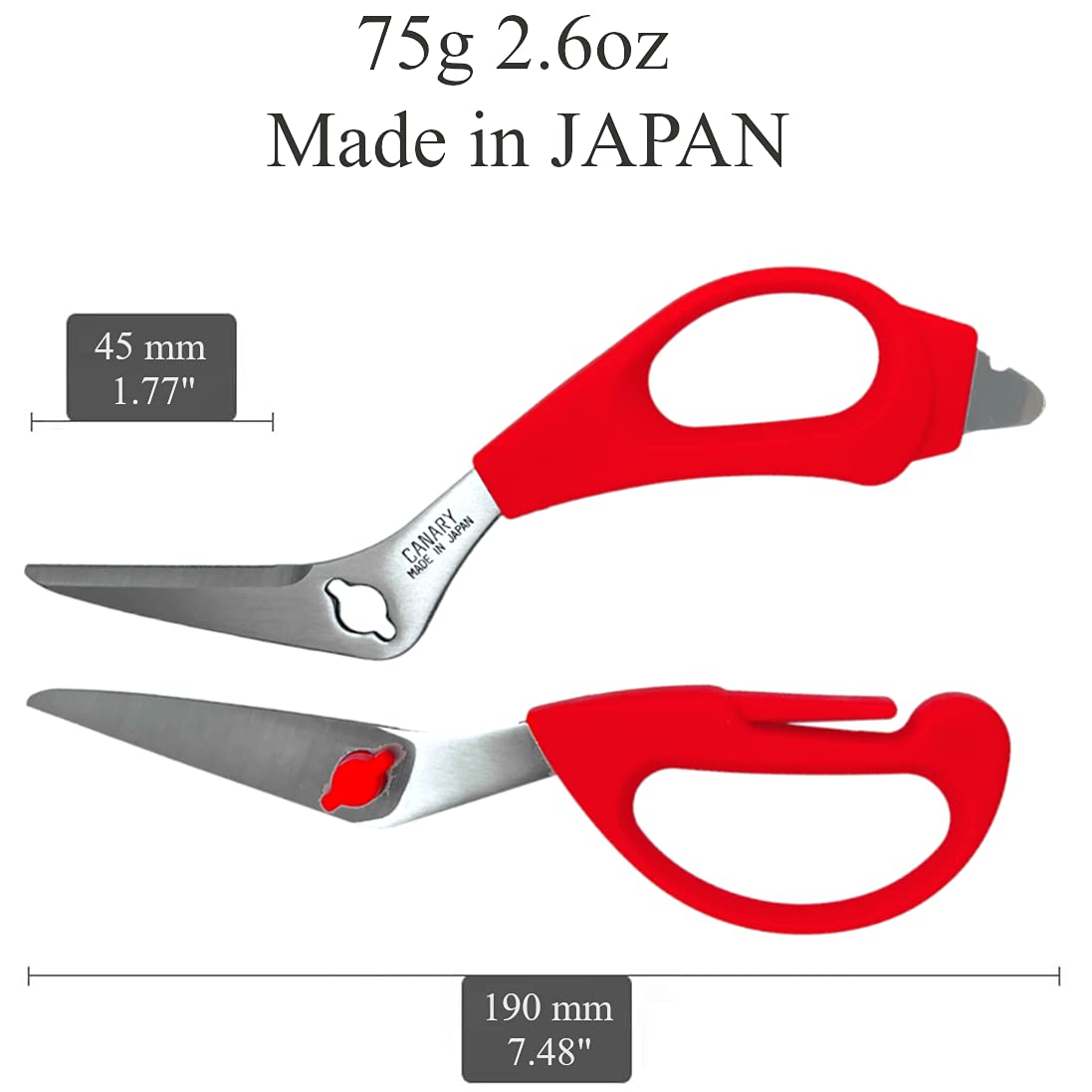CANARY Japanese Kitchen Shears with Cutter 7.5" Offset Angled Blade, Made in Japan, Dishwasher Safe Come Apart Blade, All-Purpose Detachable Kitchen Scissors, Rust Proof Japanese Stainless Steel, Red