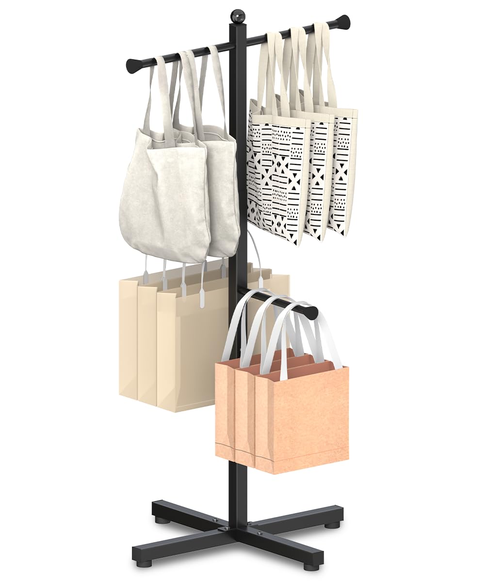 Ansionsol 42-48 Inch Adjustable Height Shopping Bag Rack, Heavy Duty Metal T-shaped Grocery Bag Holder for Retail Stores, Large Purse Display Stand for Malls,Vendor,Boutique,Trade Show, 4 Arms,Black