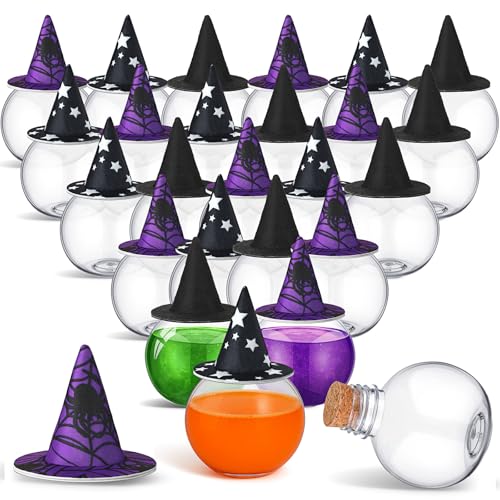 Coume 24 Pcs 6.8oz/ 200ml Spherical Plastic Potion Bottles with Hat Ball Shape Round Bottles for Drink Candy Jar Halloween Party Table Decoration DIY Crafts Gifts Favor