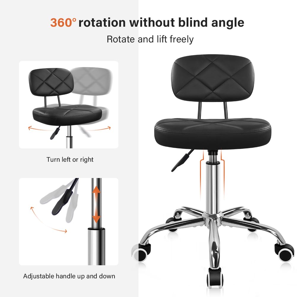 KKTONER Office Chair with Back Office Stool with Wheels Height Adjustable Square stools for Drafting Home Work (Black)