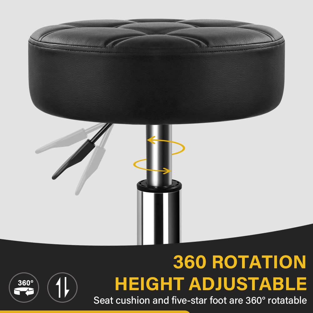 WKWKER Heavy Duty Rolling Stool with Wheels Hydraulic Lift 360 Swivel Adjustable Rolling Stool Thick Leather Ergonomic Seat Stool Chair for Kitchen Drafting Lab Office Salon Message Stool Black