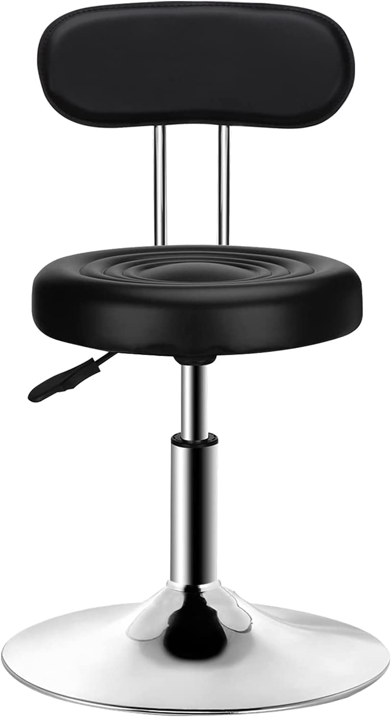 QiCheng&LYS PU Leather Round Office Stool Chair Adjustable Height Sit Stand 360° Swivel, for Office Home Kitchen Beauty Slip Wheelless Stool(Black with Backrest)