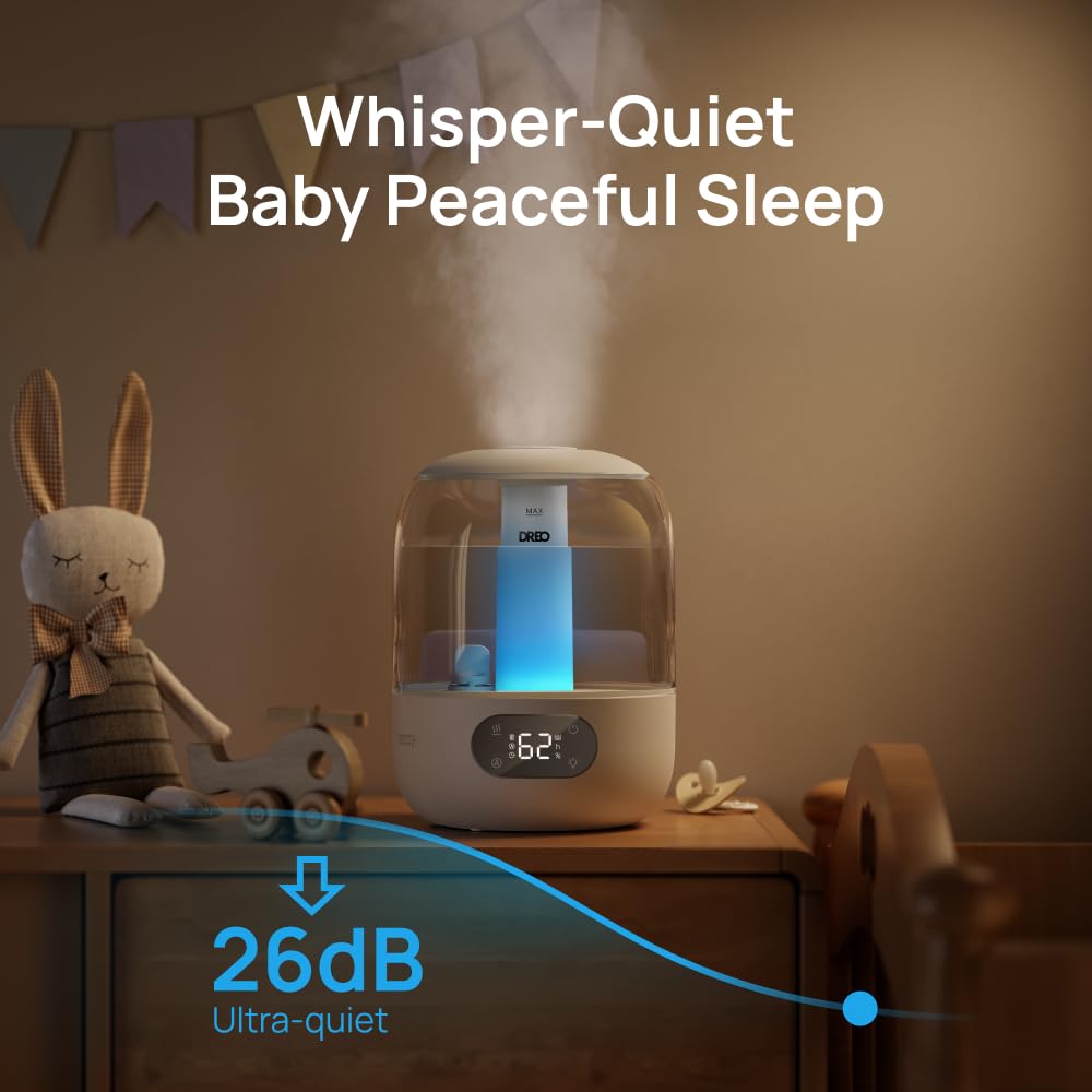 DREO Humidifiers for Bedroom, 3L Top Fill 30H & 26dB Quiet Cool Mist Air Humidifier, Easy to Fill & Clean Ultrasonic Humidifier for Plants, Baby, Nightlight, Humidity Sensor, 360° Nozzle, BPA free