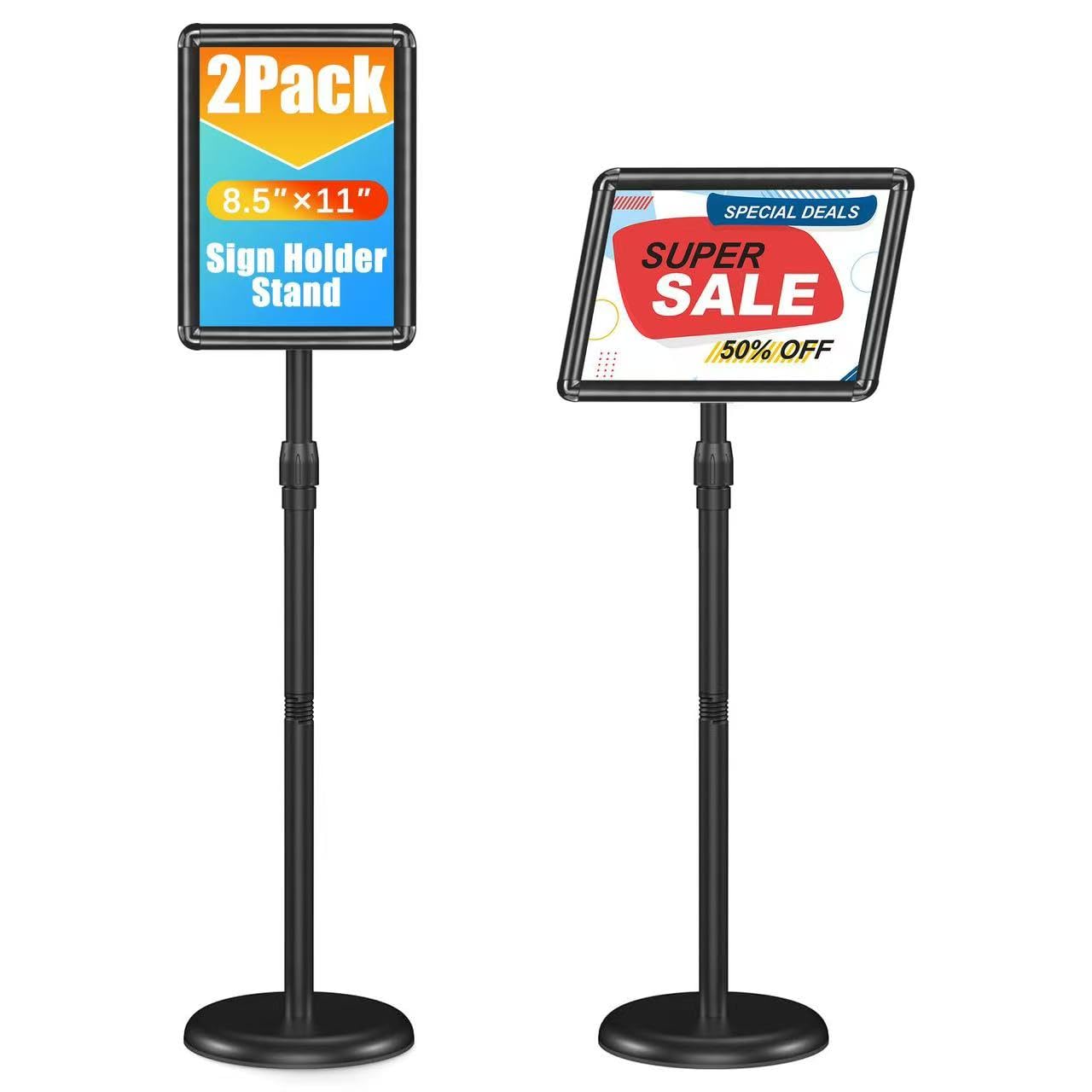 Pedestal Sign Holder Stand 8.5x11 Inch Adjustable Heavy Duty Floor Standing Sign Stand with Round Base Snap open frame 360° Rotation for Trade Show Shopping Malls Business Store Black 2 Pack