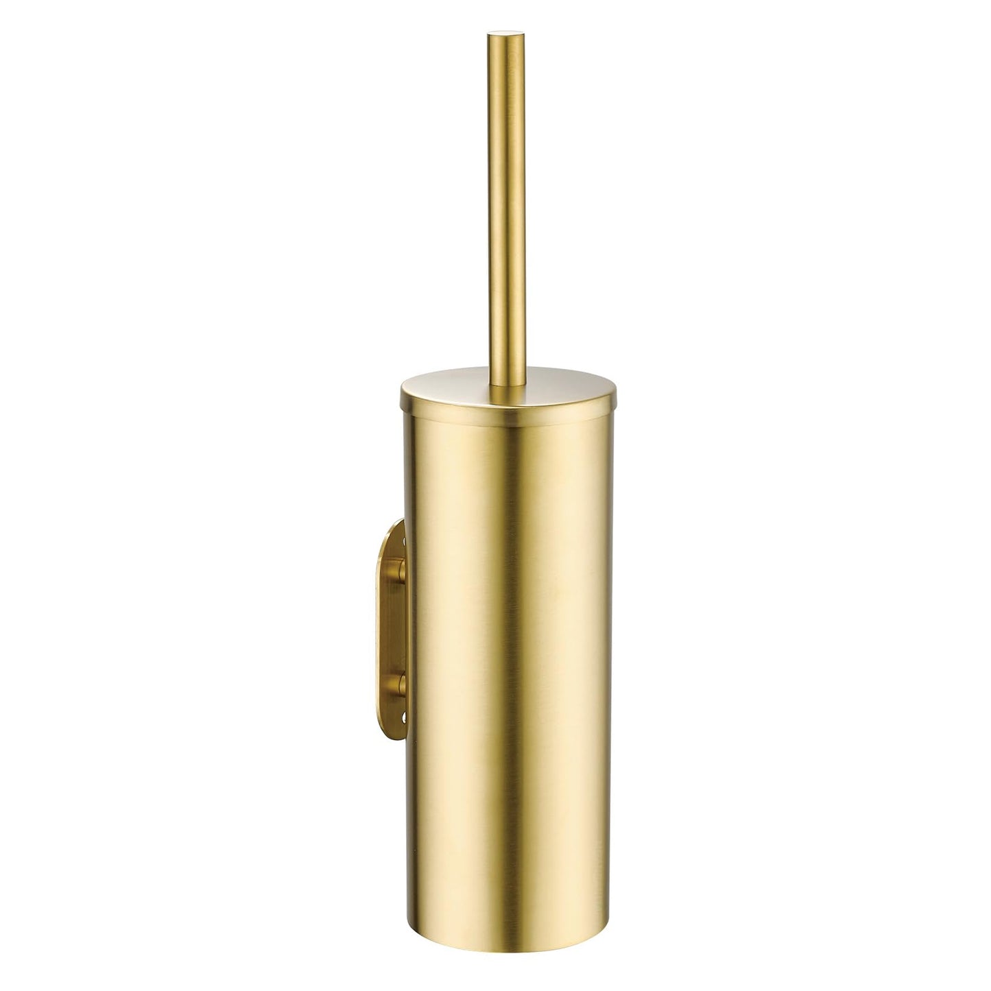 Gold Brushed Stainless Steel Toilet Brush and Cover, No-Punch Hook Base Dual Purpose Toilet Brush Holder with Removable Inner Bucket and Splash Cover - Soft Bristles (Brushed Gold)