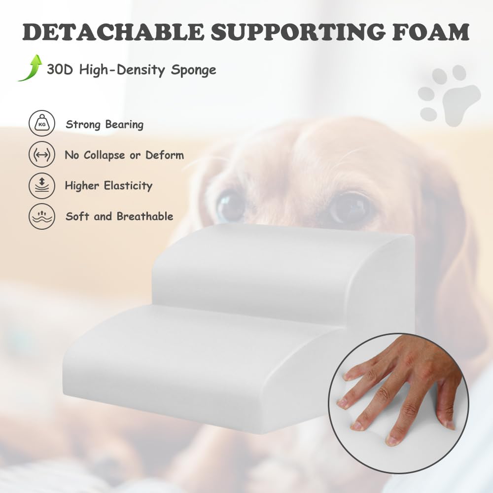 HIDOG Dog Stairs and Ramp, 2-Step Dog Steps for High Beds and Couch, Pet Steps for Small Dogs with Removable Washable Cover, Non-Slip Soft Foam Dog Stairs for Injured Older Pets, Grey -11.8" H
