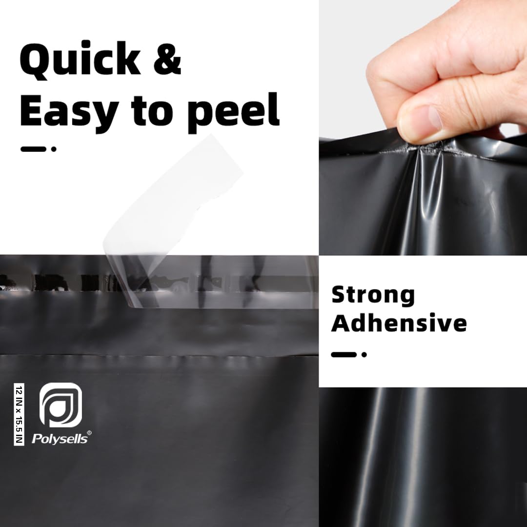POLYSELLS Poly Mailers Shipping Envelopes, Strong Adhesive Sealing, Waterproof, and Tear-resistant Postal Mailing Bags for Clothing, Books, and Accessories (Black, 12x15.5 Inch, 500 pcs)