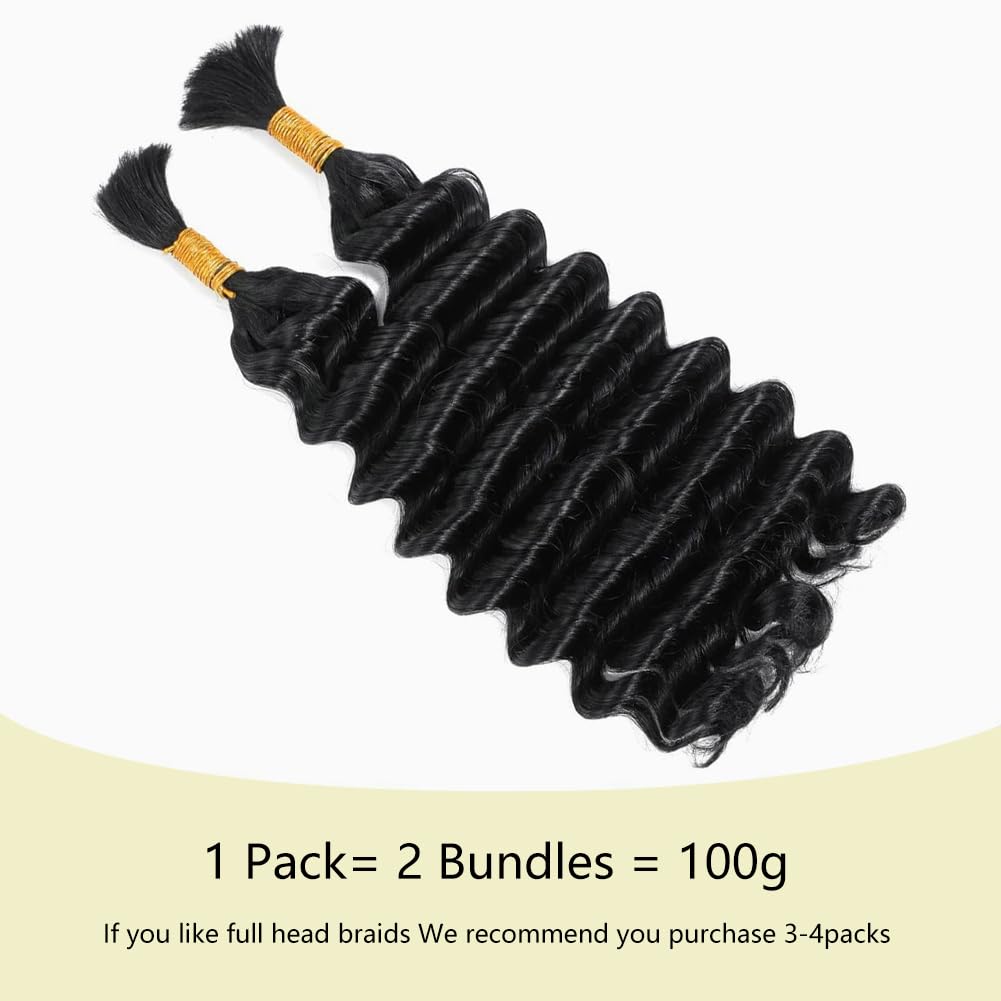 Human Braiding Hair 2 Bundle 100g 20 Inch Deep Wave Bulk Human Hair for Braiding No Weft Brazilian Virgin Curly Human Hair Extensions for Boho Braids Wet and Wavy Human Hair Braiding Hair
