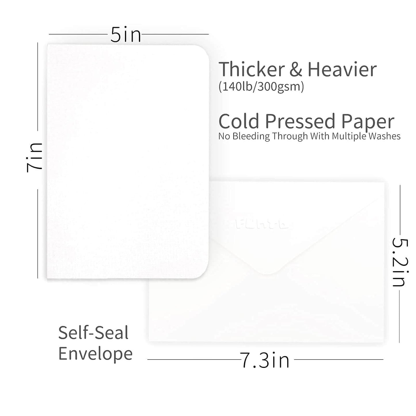 Funto Blank Watercolour Paper Cards and Envelopes, 50 Cards, 5''x7'', 140lb/300gsm, White, Acid-Free, Heavyweight Paper for Watercolor Painting, Invitations, Thank You Notes, Greeting Cards