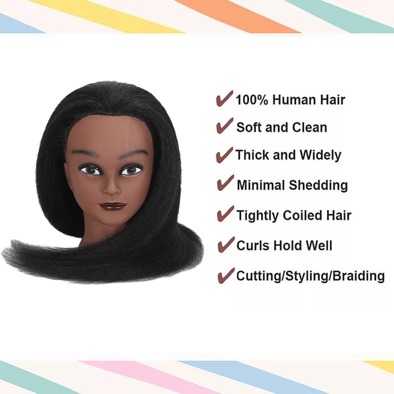 100% Real Hair Mannequin Head Training Head Manikin Cosmetology Doll Head for Hairdresser Practice Braiding Hair Styling with Clamp stand (14 inch, black)