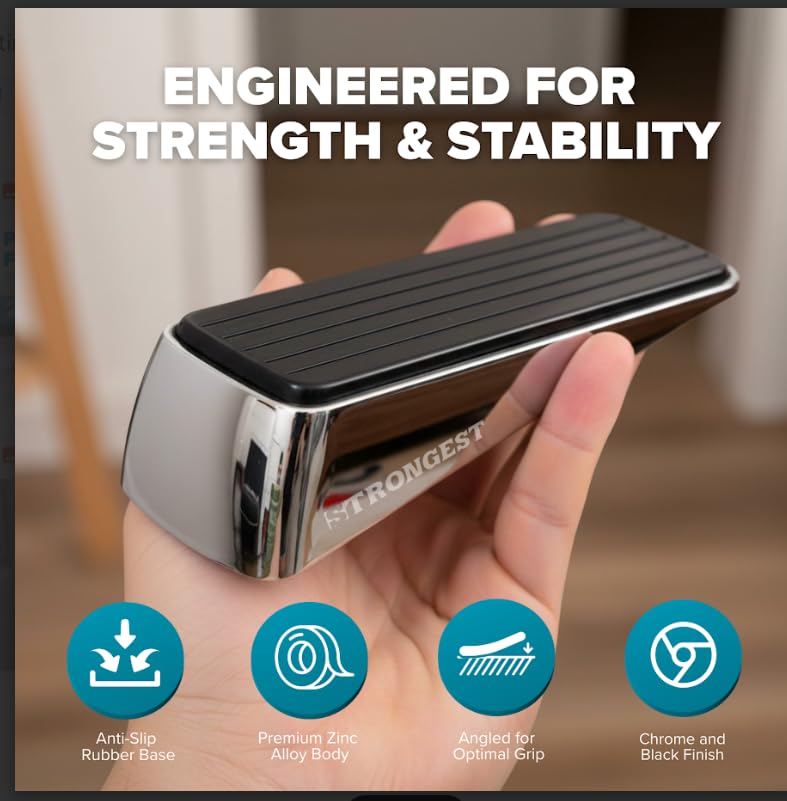 Strongest Home Heavy Duty Door Stopper Wedge (4 Chrome PCs) | Non-Slip Rubber and Metal Door Stop for Heavy Doors| Work on Wood, Tile, Carpet + 4 White Wall Protectors