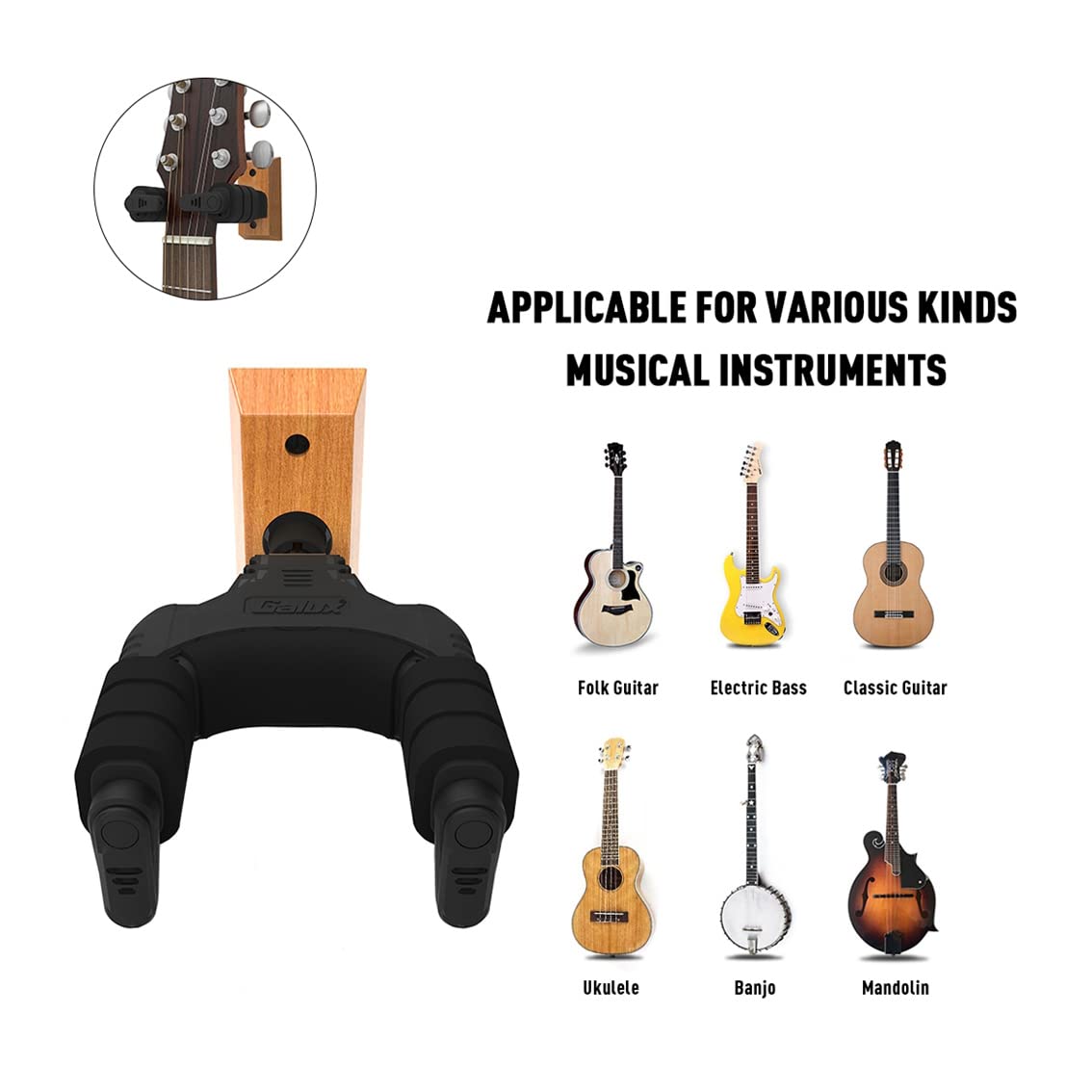XIYANGJUAN Guitar Wall Mount Hanger 2 Pack Auto Lock Bass Wall Hanger, Hard Wood Base Hook for Acoustic Classical Electric Bass Guitars Ukulele Banjo and Mandolin (2 Sets)