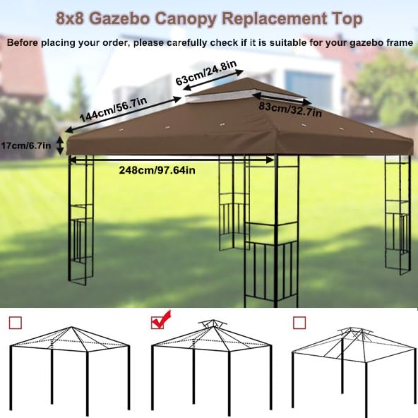 8'x8' Gazebo Canopy Replacement Top, 2 Tier Outdoor Waterproof Gazebo Canopy Cover with Drainage Hole, for Outdoor Patio Backyard Garden Lawn Sun-Shelter (Brown)