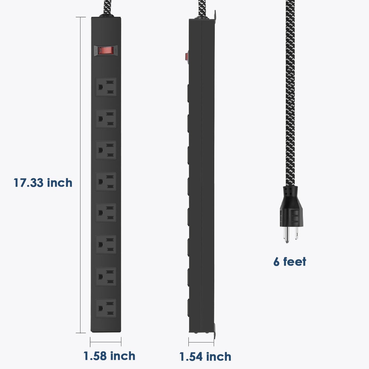 8 Outlet Power Strip - Metal Power Strip with Switch,Wide Spaced Moutable Power Strip,6ft 14Awg Braided Cord,Home Office Industrial Garage Commercial