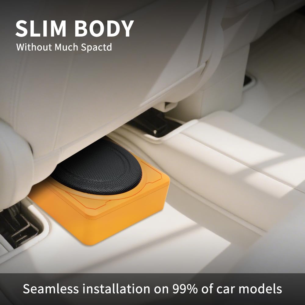 10" 800W Powered Car Subwoofer with Built-in Amplifier, 220W RMS, 20Hz-150Hz, Slim Under Seat Design, High/Low Level Input, Ideal for Cars and Trucks 2025 (Subwoofer + Mounting Wire Kit) Orange