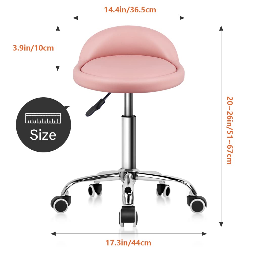 KKTONER PU Leather Round Rolling Stool with Back Rest Height Adjustable Swivel Drafting Work SPA Task Chair with Wheels (Pink)
