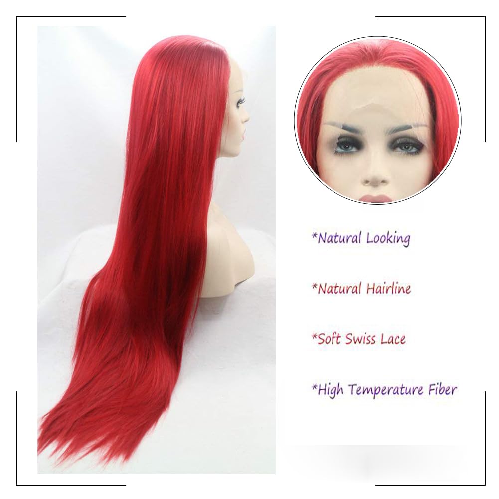 Angle Lucky Red Lace Front Wig Long Straight Red Middle Part Wig Synthetic Pre Plucked Lace Wig Heat Resistance Fiber Daily Makeup Party Wigs for Girls Women 24 Inch