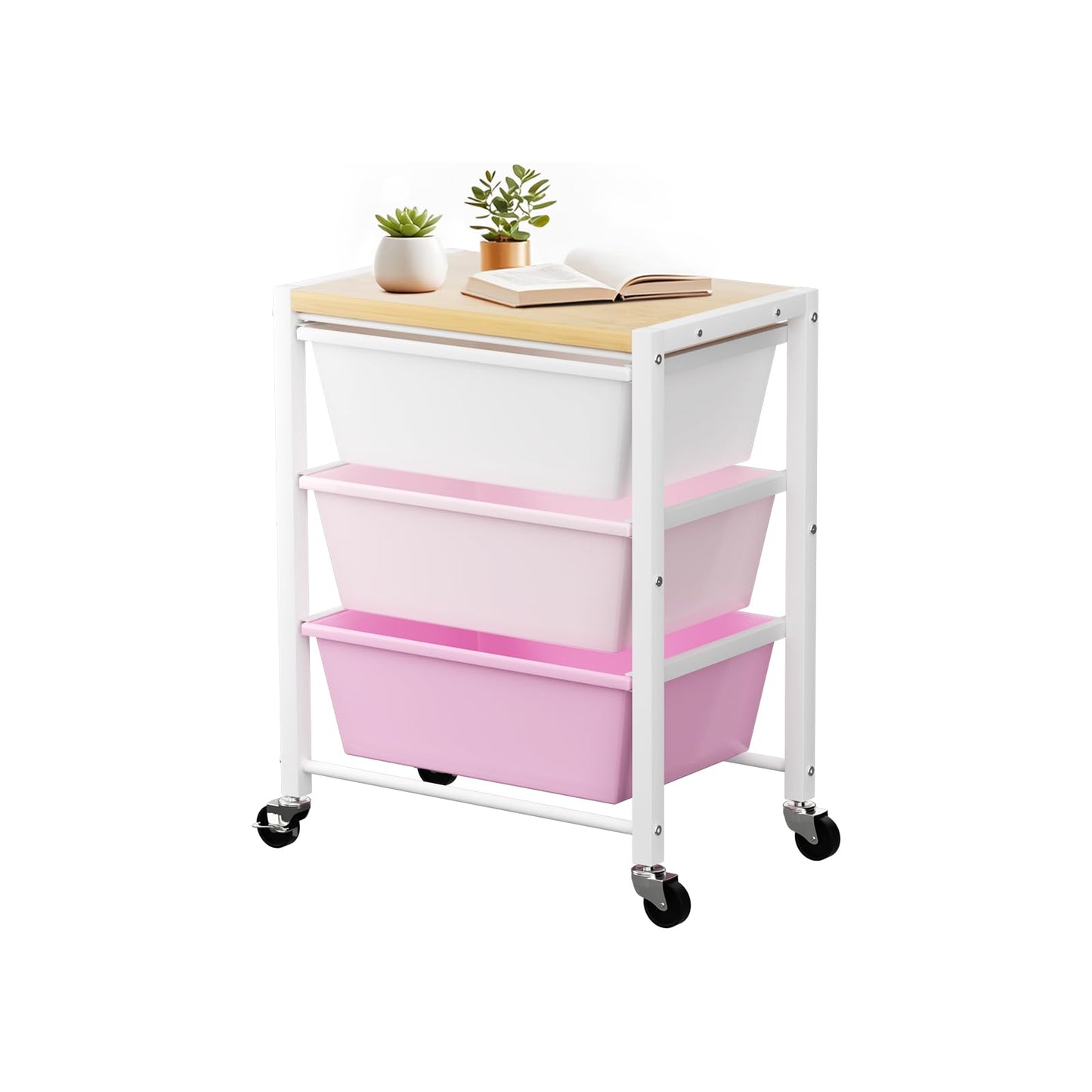 Rolling Cart with 3 Drawers, Plastic Drawer Storage Carts with Lockable Wheels & Wooden Tabletop, Metal Utility Cart Organizer, Office Bedroom Classroom Craft Organization and Storage, Bright Pink