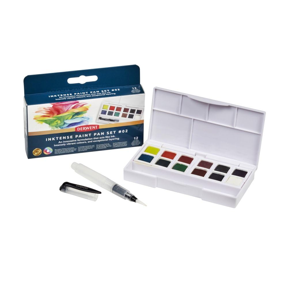 Derwent Inktense Paint Pan Travel Set, Palette #2, Includes Waterbrush, 12 Colours (2306244)