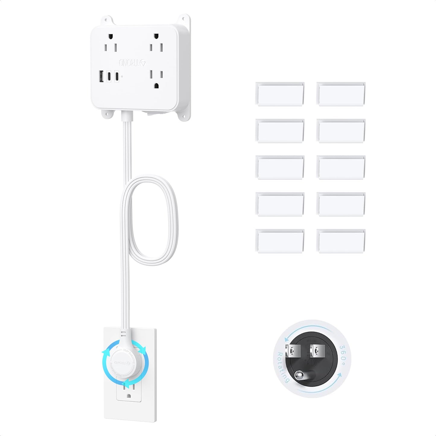TROND 360° Rotating Plug Power Bar with 2 USB C, 5ft Flat Extension Cord Indoor, 3 Multi Plug Outlets, Wall Mountable, Power Strip for Hard-to-Reach Socket Behind Couch, Nightstand, Desk, White