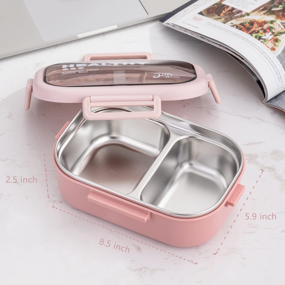 Lille Home 28oz Stainless Steel Leakproof 2-Compartment Bento Lunch Box/Portion Control Food Container with Lunch Bag and Cutlery Set, BPA Free (Pink)