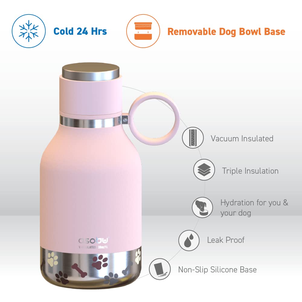 Asobu Dog Bowl Attached to Stainless Steel Insulated Travel Bottle for Human 37oz/1.1 Liter with Detachable Dog Bowl (Pink)