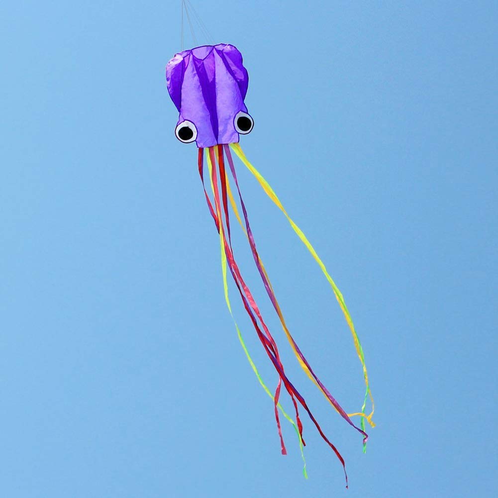 Set of 4 Large 157.5" High Cartoon Big Round Eyes Octopus Kites with Colorful Ribbon and Kite Board with 98.4 Foot String for Kids Toy Enjoy Parent-Child Time Beach Park Outdoor