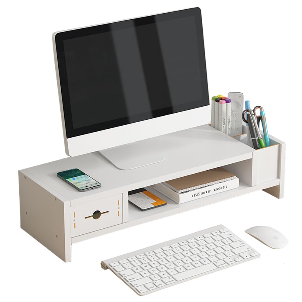 Monitor Stand, 2 Tier Computer Monitor Riser with Drawer and Pen Holder, Ergonomic Laptop Stand, Desktop Shelf for Laptop, TV Screen, PC Monitor (White)