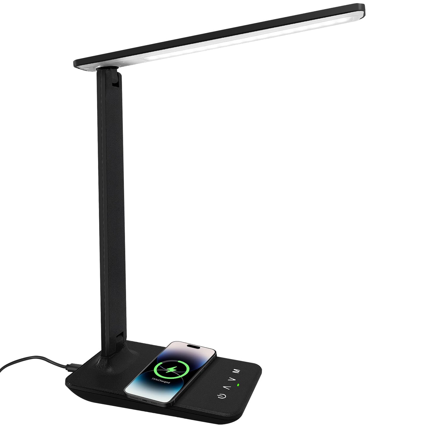 Whicow LED Desk Lamp Eye-Caring Table Lights Dimmable 5 Modes Touch Control Adjustable Table lamp with USB Charging Port for Home Office Reading, Studying Working (Black + Wireless Charger)