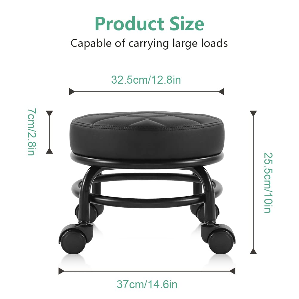 FURWOO Low Roller Seat PU Leather Rolling Stool Step Mechanic Stool on Wheels for Home Office Garage Shop Black