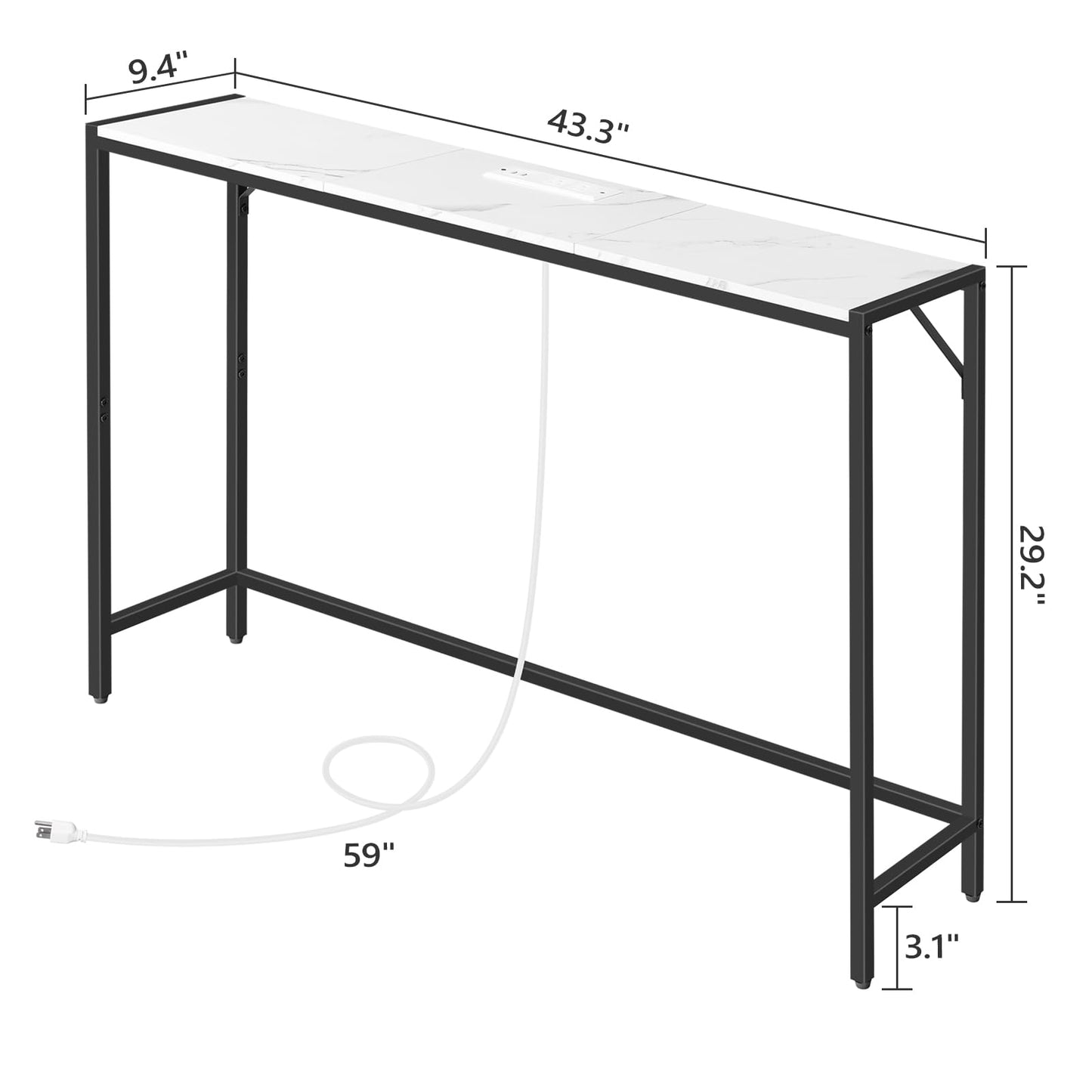 MAHANCRIS 110 cm Console Table, 43.3” Narrow Sofa Table, Entrance Table with Power Station, Behind Couch Table, for Living Room, Hallway, Entryway, Foyer, Marble and Black CTHM112E01