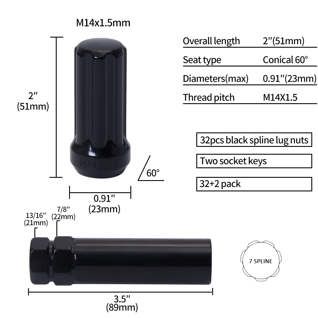 M14x1.5 Black 2'' Tall 32 Pack Lug Nuts - 14mmx1.5 Acorn Aftermarket Wheel Lug Nut Fit for Chevy Silverado 1500 2500, GMC, Ford, Ram