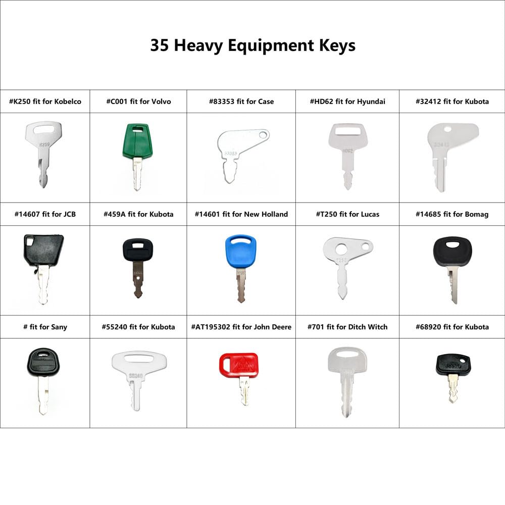 35PCS Heavy Construction Equipment Keys Master Set,Machinery Operator Ignition Keys Compatible with JD,Volvo,Case,Hyster,Caterpillar,JCB,Bobcat,New Holland,Kubota,Komatsu,Lucas,Takeuchi,Hitachi
