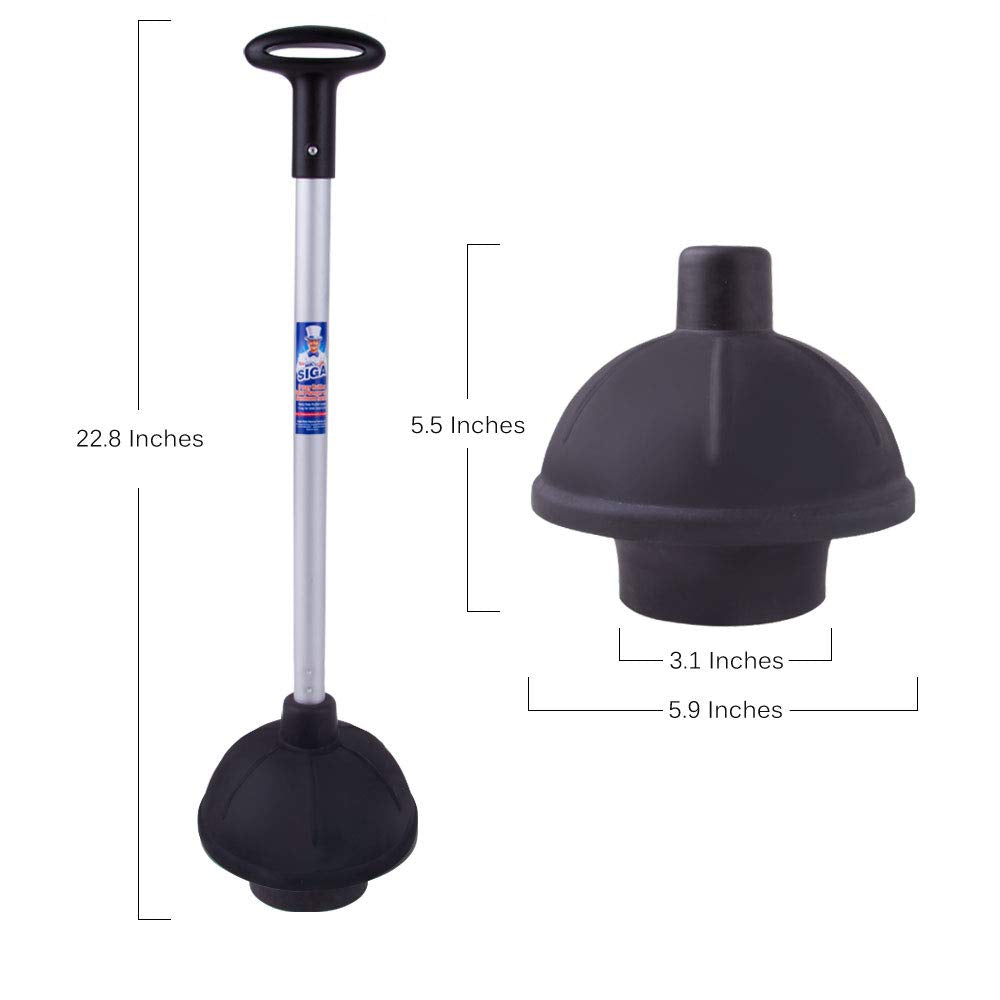 MR.SIGA 2 Way Rubber Toilet and Drain Plunger, Aluminium Handle, Black