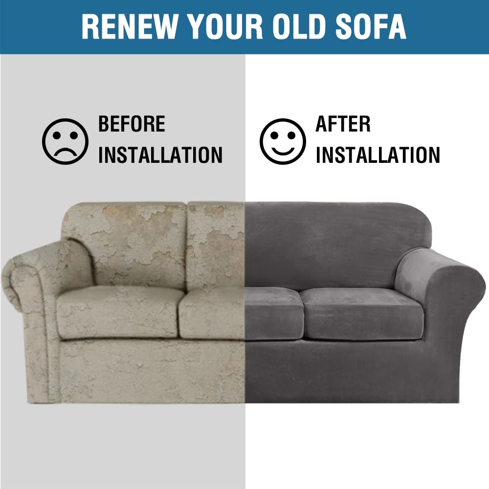 H.VERSAILTEX 4 Pieces Thick Velvet Sofa Covers for 3 Cushion Couch High Stretch Sofa Slipcovers Furniture Protector Housse Divan Couch Cover for Pets Dogs Width Up to 90 Inch(Sofa,Grey)