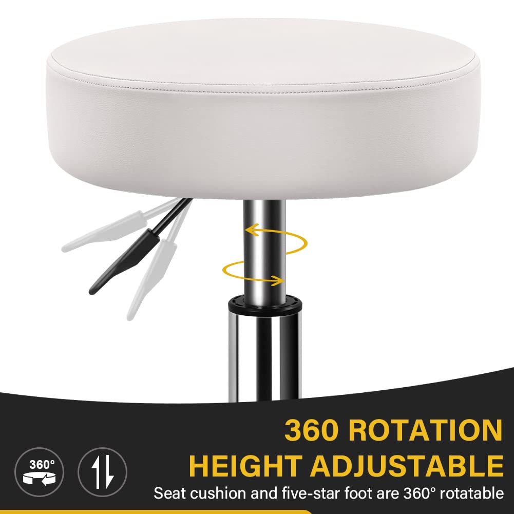 WKWKER Heavy Duty Rolling Stool with Wheels Hydraulic Swivel Adjustable Rolling Stool Ergonomic Thick Leather Seat Stool Chair for Kitchen Drafting Lab Office Salon Message Stool (White)