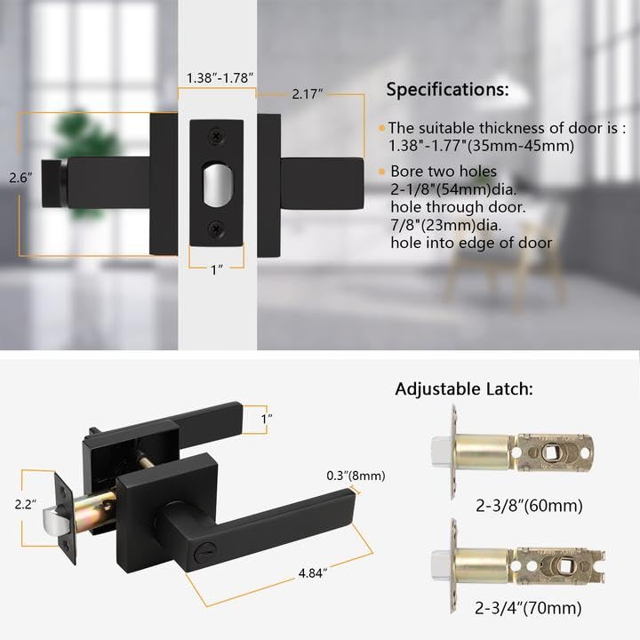 Probrico 2 Pack| Square Privacy Door Levers Matte Black Bed Bath Door Handles, Keyless Interior Door Lockset Heavy Duty Leversets for Left or Right Handed Doors