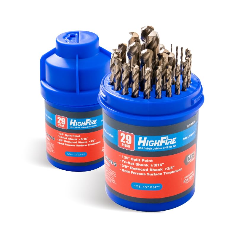 HIGHFIRE 29 PCS M35 Cobalt Drill Bit Set, HSS Twist Jobber Drill Bits with 135 Degrees Split Point and Three-Flat Shank, 3/8” Reduced Shank, Gold Oxide Metal Drill Bits Set (1/16” - 1/2” x 1/64”)