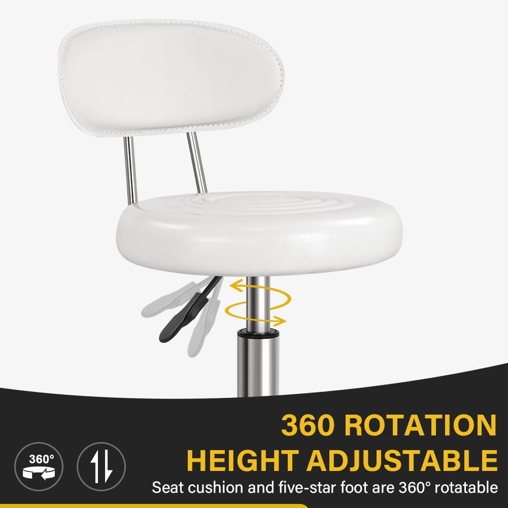 WKWKER Rolling Stool with Wheels Swivel Stool with Back Height Adjustable Chair Ideal for SPA Salon Home Office Drafting Work (White)