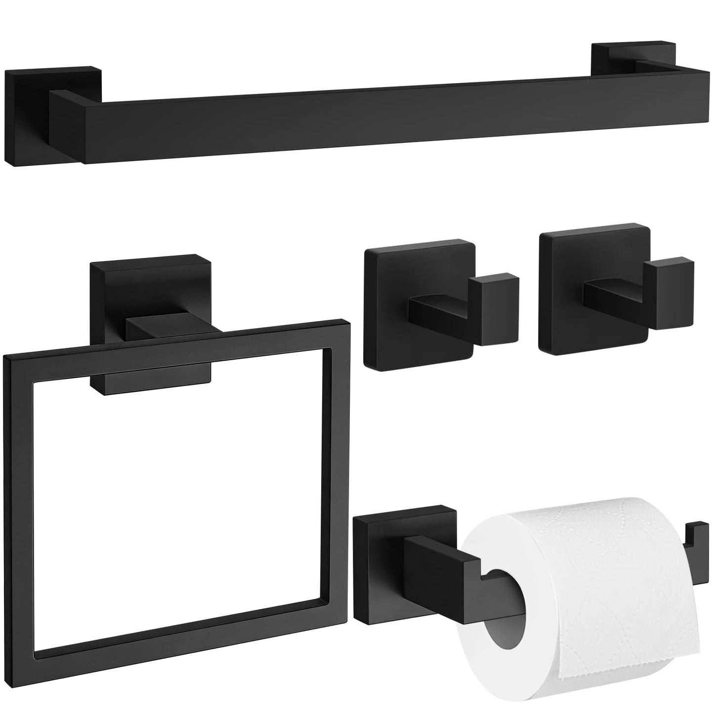 Bathroom Accessories Set,5-Piece Bathroom Towel Holder, Includes 16Inch Towel Bar Set, SUS304 Stainless Steel Toilet Paper Roll Holder,Matte Black Square Towel Ring, 2 Towel Hooks for Bathroom,Kitchen