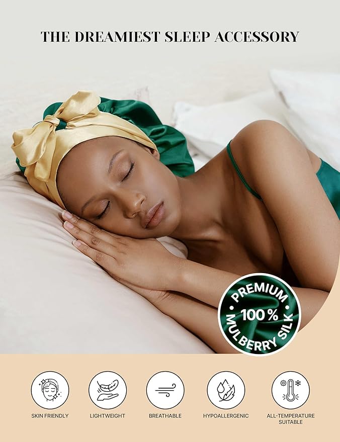 Mulberry Silk Bonnet for Sleeping Women with Curly Hair - Short Long Hair Bonnet for Sleeping - Alternative to Double Layer Satin Bonnet with Tie Band