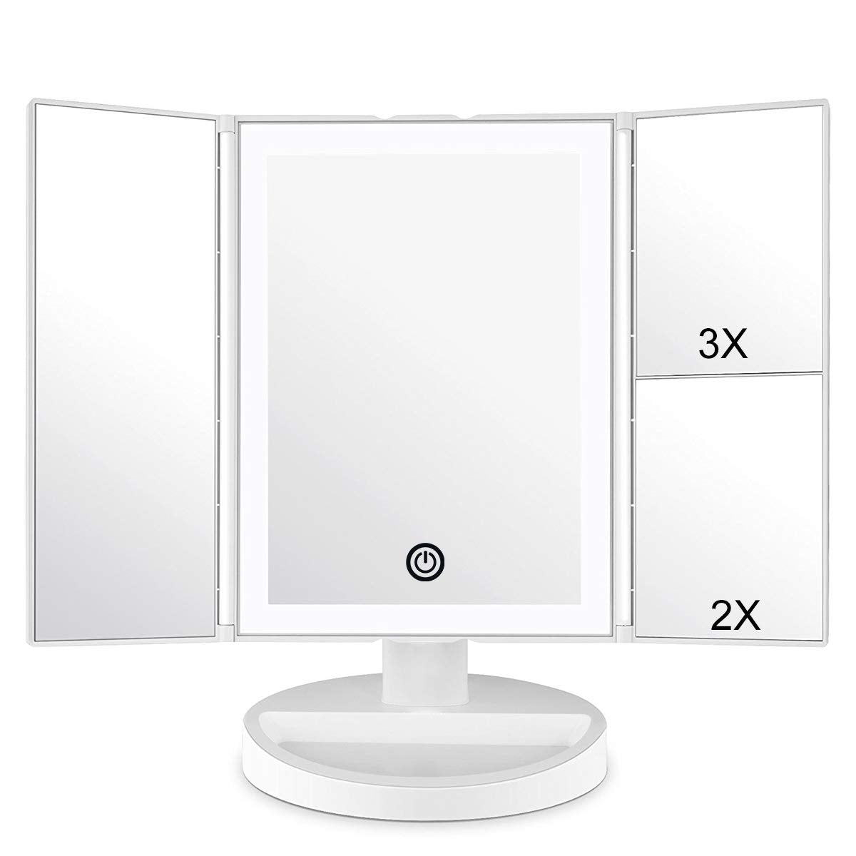 WEILY Makeup Vanity Mirror with LED Lighting and Touch Screen, Tri-Fold 1x 2X 3X Magnification,180° Adjustable Rotation, Dual Power Supply, Countertop Cosmetic Mirror (White)