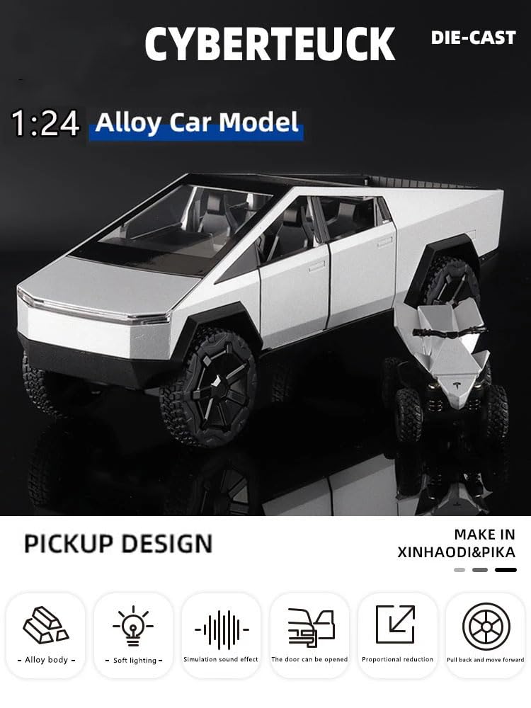 1:24 Cyberpunk Pickup Truck Model Alloy Simulation Sound and Light Pull Back Off-Road Vehicle Boys Collection Decoration Birthday Gift (Silver)