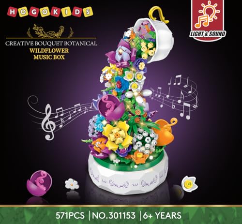 HOGOKIDS Flowers Music Box Building Block Kit with Light- 571PCS Botanical Collection Rotating Music Box Building Blocks Set | Valentine's Day, Birthday Gift for Girls Boys Couples Adults Kids Ages 6+