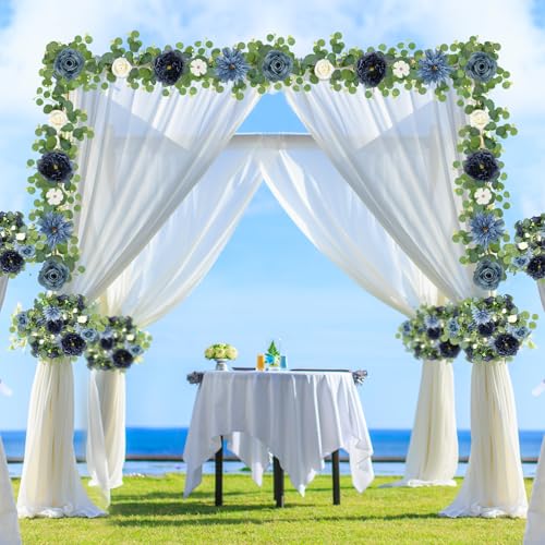 HOMENERGY Eucalyptus Garland with Flowers - 6 Pack 5.9 FT Fake Flower Garland with Butterflies Faux Rose Greenery Garlands for Wedding Table Backdrop Arch Centerpieces Decorations - Navy Blue