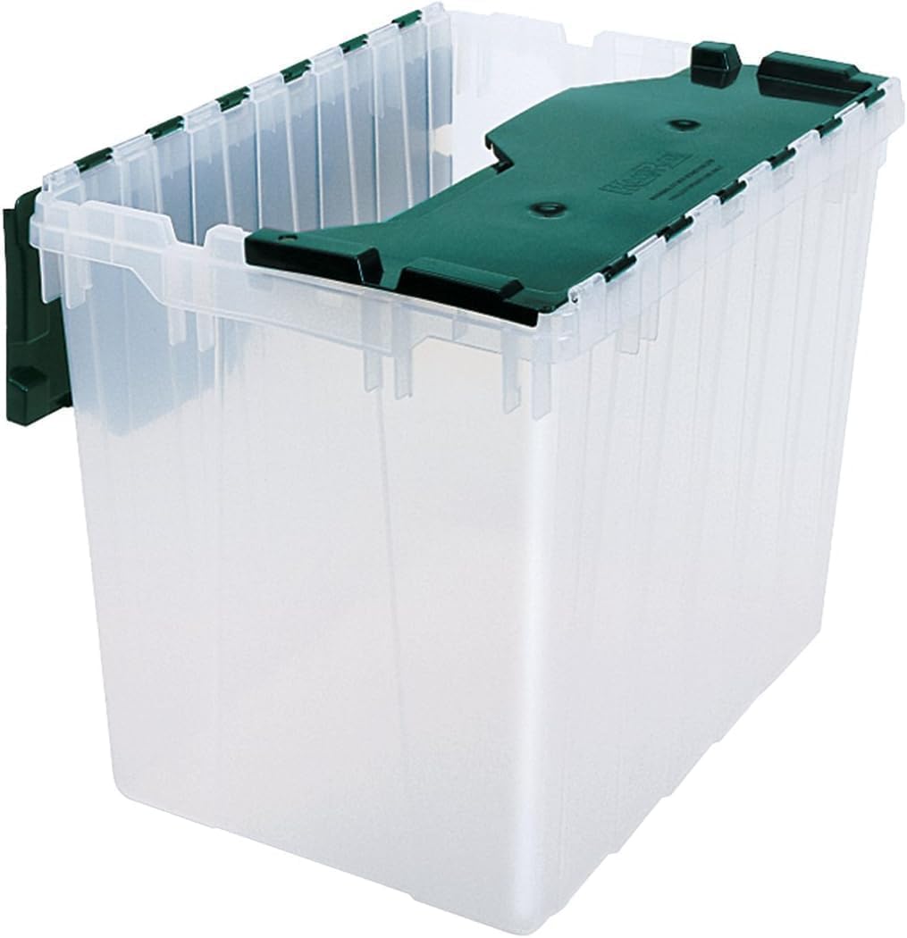 Akro-Mils 66497 18 Gallon Plastic Stackable Storage KeepBox Tote Container with Hinged Attached Lid, 21-Inch L x 15-Inch W x 17-Inch H, Clear/Green
