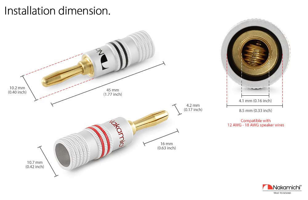 Nakamichi Excel Series 24k Gold Plated Banana Plug 12 AWG - 18 AWG Gauge Size 4mm for Speakers Amplifier Hi-Fi AV Receiver Stereo Home Theatre Radio Audio Wire Cable Screw Connector 12 Pcs (6-Pairs)