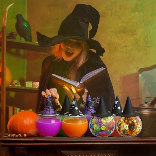 Coume 24 Pcs 6.8oz/ 200ml Spherical Plastic Potion Bottles with Hat Ball Shape Round Bottles for Drink Candy Jar Halloween Party Table Decoration DIY Crafts Gifts Favor